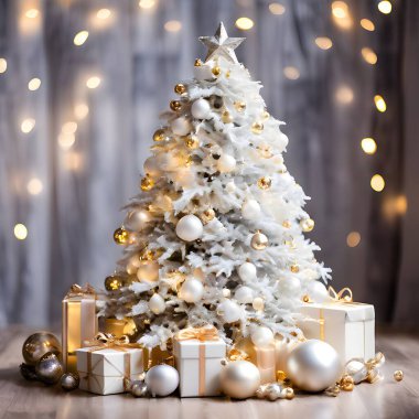 Soft Holiday Glow: White Christmas Tree Adorned in Gold and Silver clipart