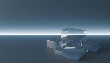 Şeffaf mavi-gri geometrik küplerin serin, keskin ışıkla aydınlatıldığı, parlak ve çağdaş bir sunum yaratan modern bir ürün modeli. Çevrimiçi mağazalarda ve reklamlarda en üst düzey ürünleri sergilemek için mükemmel. Ben...