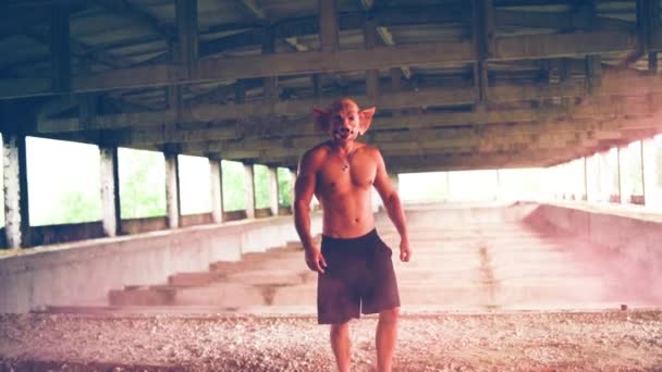 Strong Muscular Scary Man Terrifying Pig Mask Industrial Background High — Stock Video