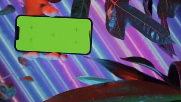 Yeşil Ekran Telefon Dikey Video Soyut Neon Çiçekli Arka Plan — Stok video