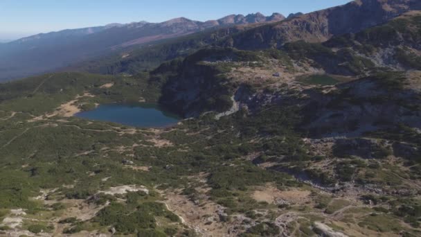 Aerial Drone Panoramic View Seven Rila Lakes Bulgaria Hiking Day — Stock Video