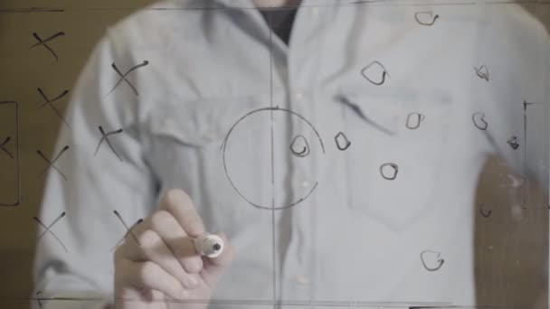 足球教练用黑色记号在玻璃上画足球战术 足球教练画队形战术 2022年世界杯战术计划 — 图库视频影像