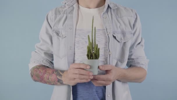 Mann Hält Einen Topf Mit Pflanze Dicht Vor Der Kamera — Stockvideo