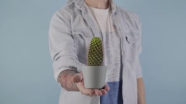 man holding a cactus against studio blue background . High quality 4k footage