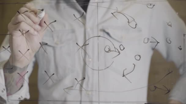 Treinador Futebol Desenhando Táticas Futebol Vidro Com Marcador Preto Treinador — Vídeo de Stock