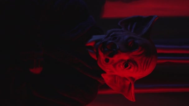 Психопат Выглядит Странно Маске Свиньи Темно Красной Комнате Глюковыми Лампами — стоковое видео