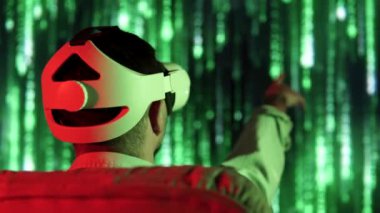 back view of man with vr glass tap to futuristic screen metaverse virtual reality. High quality 4k footage