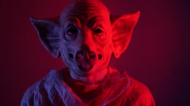 pig mask creature with smoke comes stand in font of camera . High quality 4k footage