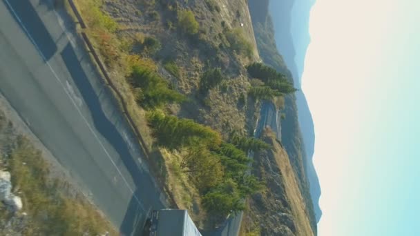 Vertical Video Drone Truck Trailer Driving Winding Road Beklemeto Bulgaria — 비디오