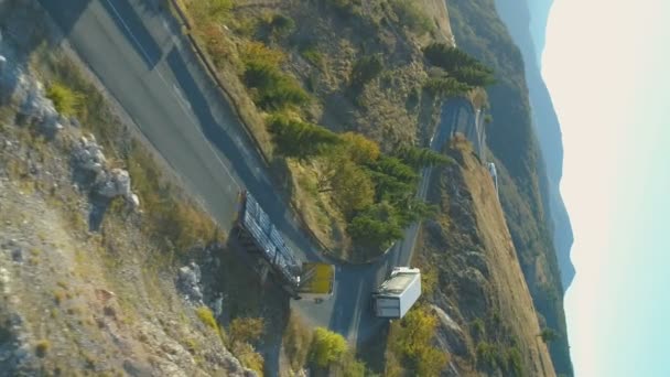 夏の緑の背景の間にブルガリアのベッレメトを通って曲がりくねった道を運転する大型トラックの垂直方向のビュー 高品質のフルHd映像 — ストック動画