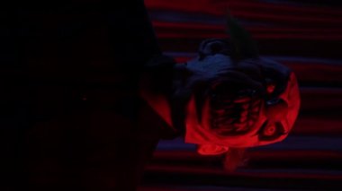  vertical video of crazy man with pig mask shaking head back and forthin font of curtains red room . High quality 4k footage