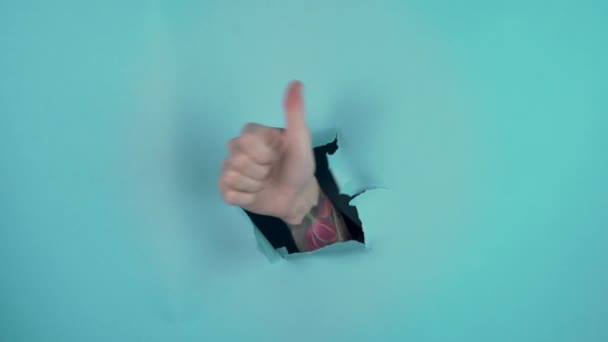 Ukazuje Buben Nahoru Vytetované Ruce Izolované Modrém Pozadí Vysoce Kvalitní — Stock video