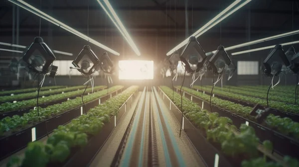 Γεωργία Υψηλής Τεχνολογίας Αγρόκτημα Ρομπότ Κινηματογραφικά Φώτα Που Δημιουργήθηκε Την — Φωτογραφία Αρχείου