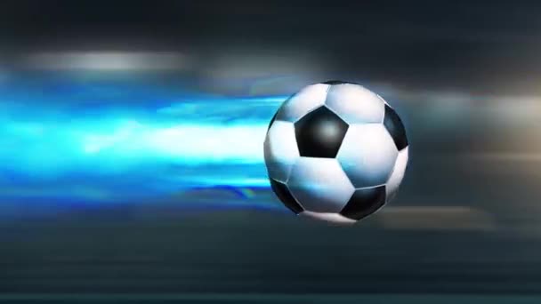 Pallone Calcio Che Vola Alta Velocità Con Fiamme Plasma Avvicina — Video Stock