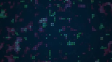 Siyah bir Neon üzerinde parlayan yeşil, mavi ve mor pikselleri olan dijital arkaplan. Yüksek kalite 4k görüntü