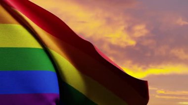 Gurur bayrağı, LGBT 'nin gurur ve birliğini simgeleyen güzel bir günbatımına canlı bir şekilde dalgalanıyor. LGBT temalı içerik ve çeşitlilik ve kapsama kutlamaları için mükemmel.