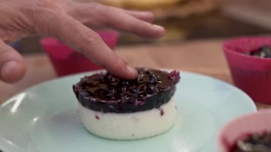 Mükemmel yaban mersinli panna cotta tatlı, kremalı lezzetli tatlı. Yüksek kalite 4k görüntü