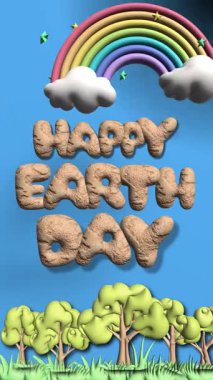 Mutlu Dünya Günü 3D animasyon dikey çizgi film tarzı gece gündüz. Yüksek kalite 4k görüntü