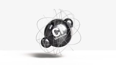 Temiz beyaz zemin üzerindeki periyodik tablodan krom Cr metal 3d atom animasyon elementi. Yüksek kalite 4k görüntü