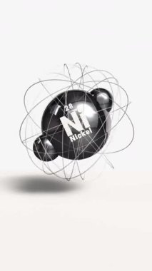 Dikey Nikel Ni geçiş metali 3d atom animasyon elementi 28, periyodik tablodan temiz beyaz arka plana. Yüksek kalite 4k görüntü