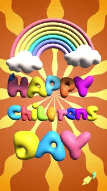 Dikey Mutlu Çocuklar 'ın doğum günü kartı. Çizgi film geçmişi turuncu olan mutlu çocuklar günü animasyonu. Yüksek kalite 4k görüntü