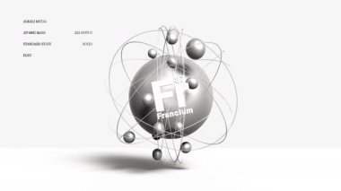 Fransiyum Fr atomik yapısı Alkali metal 3d animasyon elementi periyodik tablodan. Yüksek kalite 4k görüntü