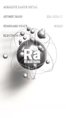 Dikey Radyum Ra atom modeli Alkaline dünya metali periyodik tablodan 3d animasyon elementi. Yüksek kalite 4k görüntü