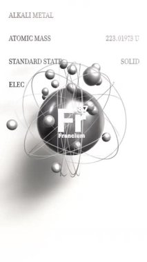 Periyodik tablodan dikey Fransiyum Fr atomik yapısı Alkali metal 3d animasyon elementi. Yüksek kalite 4k görüntü
