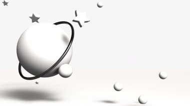 Beyaz zemin üzerinde izole edilmiş yıldızları olan ve metin için kopyalama alanı olan soyut 3D animasyon gezegenleri. Yüksek kalite 4k görüntü