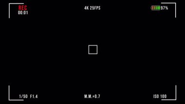 Kayıt Zamanlayıcısı, Batarya Göstergesi ve Sessiz Video Kayıt Arayüzü 'nde Odak Kutusu gibi minimum UI elemanları ile 4K Kamera Görüntü Bulucu Kaplaması. Yüksek kalite 4k görüntü