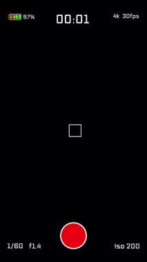 REC göstergesi, zamanlayıcı, pil seviyesi ve odaklama çerçevesiyle minimum dikey akıllı telefon kamera ekran arayüzü. Kusursuz video kaplaması için şeffaf arkaplan ve alfa kanalı dahil.