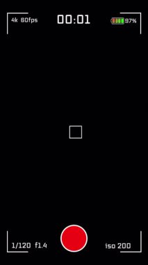 Dikey kamera kaydı odak kutusu, pil durumu, kırmızı REC simgesi ve zaman damgası gibi dijital UI elemanlarıyla örtüşüyor. Sürükle ve bırak video düzenlemeleri için alfa kanalı ile şeffaf arkaplan.