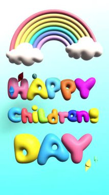 Canlı 3D animasyon metni Mutlu Çocuklar Günü çocuklar için mükemmel bir arka plan ile yazılıyor video giriş veya sosyal medya için