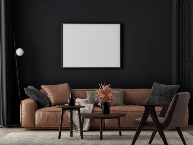 Karanlık iç mekan arka planı, sahte posterli oturma odası, 3D çizim.