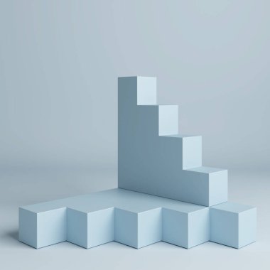 Ürün sunumu için podyumu, mavi arkaplan rengini, 3d illüstrasyonunu kurgula.