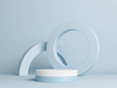 Ürün sunumu için podyumu, mavi arkaplan rengini, 3d illüstrasyonunu kurgula.