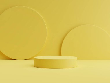 Yaratıcı geometri ürün sunumu için podyum oluşturur, sarı arkaplan, 3d illüstrasyon.