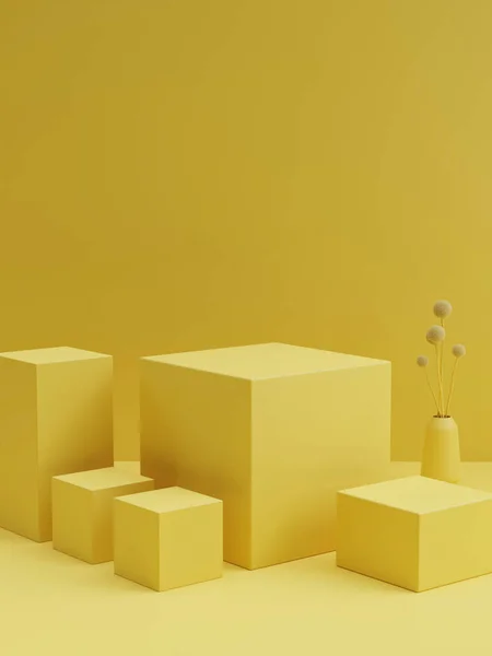 製品プレゼンテーション 黄色の背景 3Dイラストのための創造的な幾何学モックアップ表彰台 — ストック写真