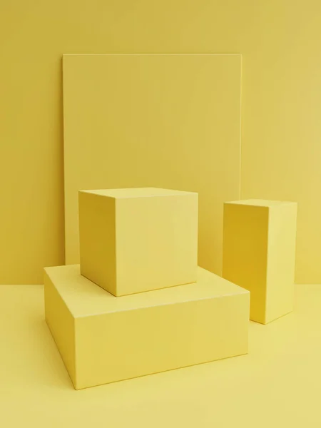 製品プレゼンテーション 黄色の背景 3Dイラストのための創造的な幾何学モックアップ表彰台 — ストック写真