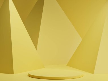 Geometri podyumunu, ürün sunumunu, sarı arkaplanı, 3d illüstrasyonunu düzenle.