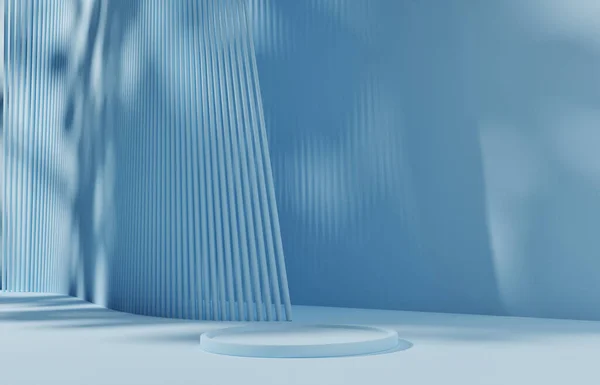 3D背景 天然木の葉の影のパステルブルーの背景にモックウ台座の表彰台 自然の製品のプロモーション美容化粧品ディスプレイ ヌードミニマルショーケース3Dレンダリング広告 — ストック写真