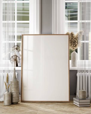 Oturma odasının iç dizayn arkaplanındaki çerçeve 3D görüntüleme.