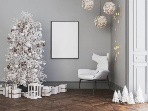 クリスマスにポスターをモックアップ 灰色の壁の背景を持つ新年のインテリア ガーランドやボールで装飾された火の木 3Dイラスト — ストック写真