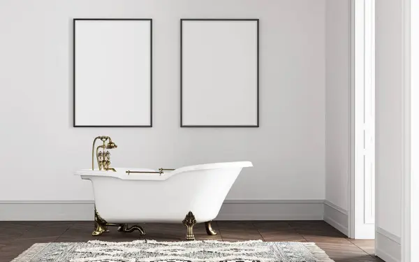 Zwei Leere Poster Minimalistischen Interieur Mit Klassisch Weißer Badewanne Illustration — Stockfoto