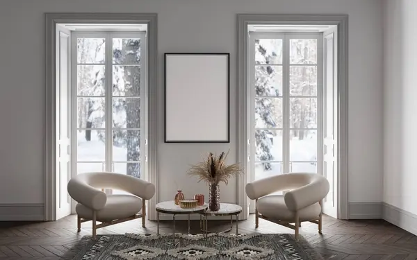 Leeres Poster Minimalistischen Interieur Stil Winterlichen Hintergrund Zwei Sessel Tisch — Stockfoto
