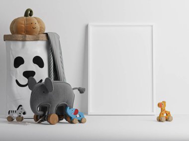 Çocuğun dekorasyonu ve oyuncakları. Beyaz arka planda kapak posteri, 3 boyutlu illüstrasyon..