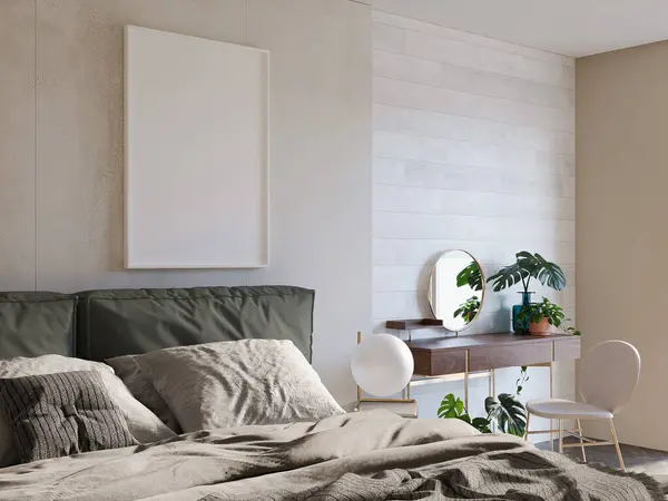 Cartel Simulado Dormitorio Diseño Interiores Fondo Verde Beige Imagen De Stock