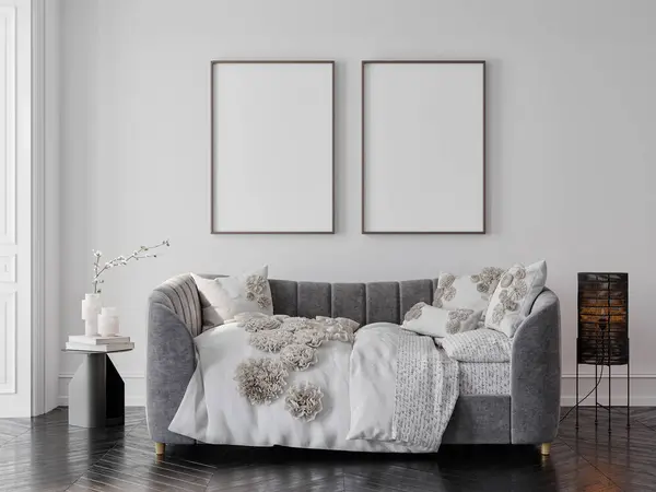 客厅内饰灰色沙发和家居装饰3D渲染插图背景模型海报 免版税图库照片