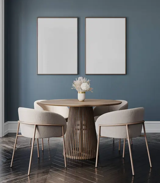 Holz Beige Esszimmer Interieur Mit Esstisch Und Stühlen Hintergrund Blaue Stockfoto