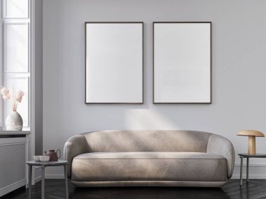 Ürün sunumu için çerçeve modelleriyle oturma odasının içi.